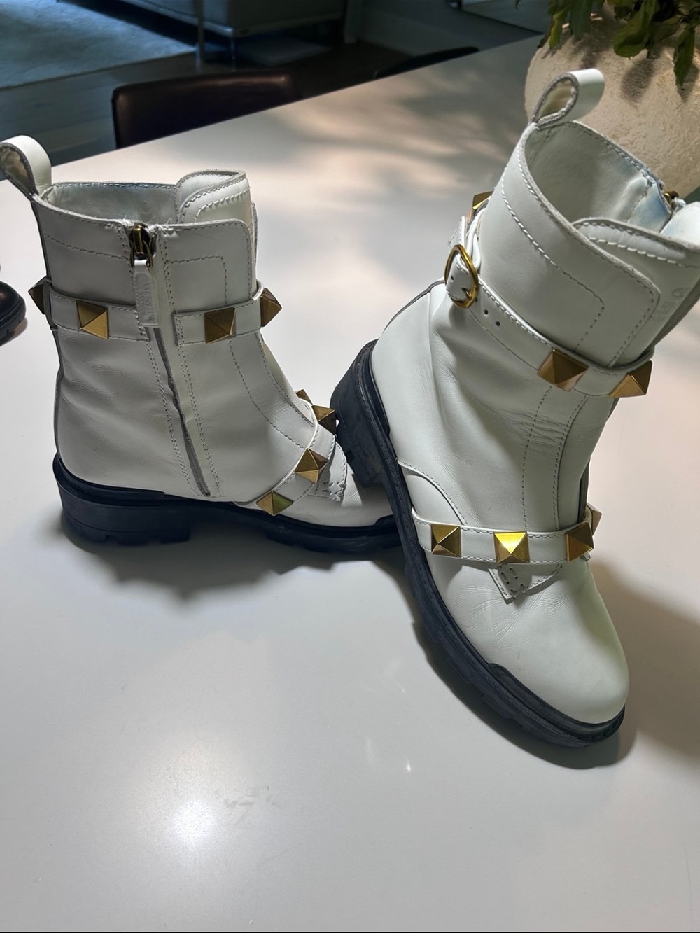 Valentino White Leather Studded Ankle Boots with Gold Pyramid Hardware